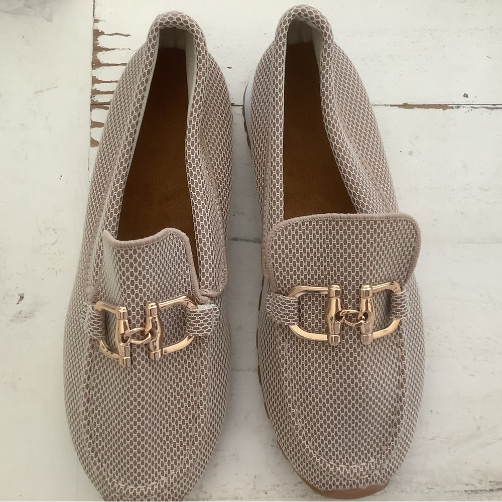 Women's Taupe Mesh Loafers with Gold Bit Hardware